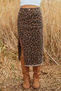 Brown Leopard Print Frayed Edge Denim Skirt Long Casual Daily Wear