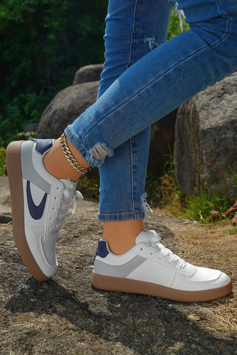 Navy Blue PU Leather Lace Up Sneakers