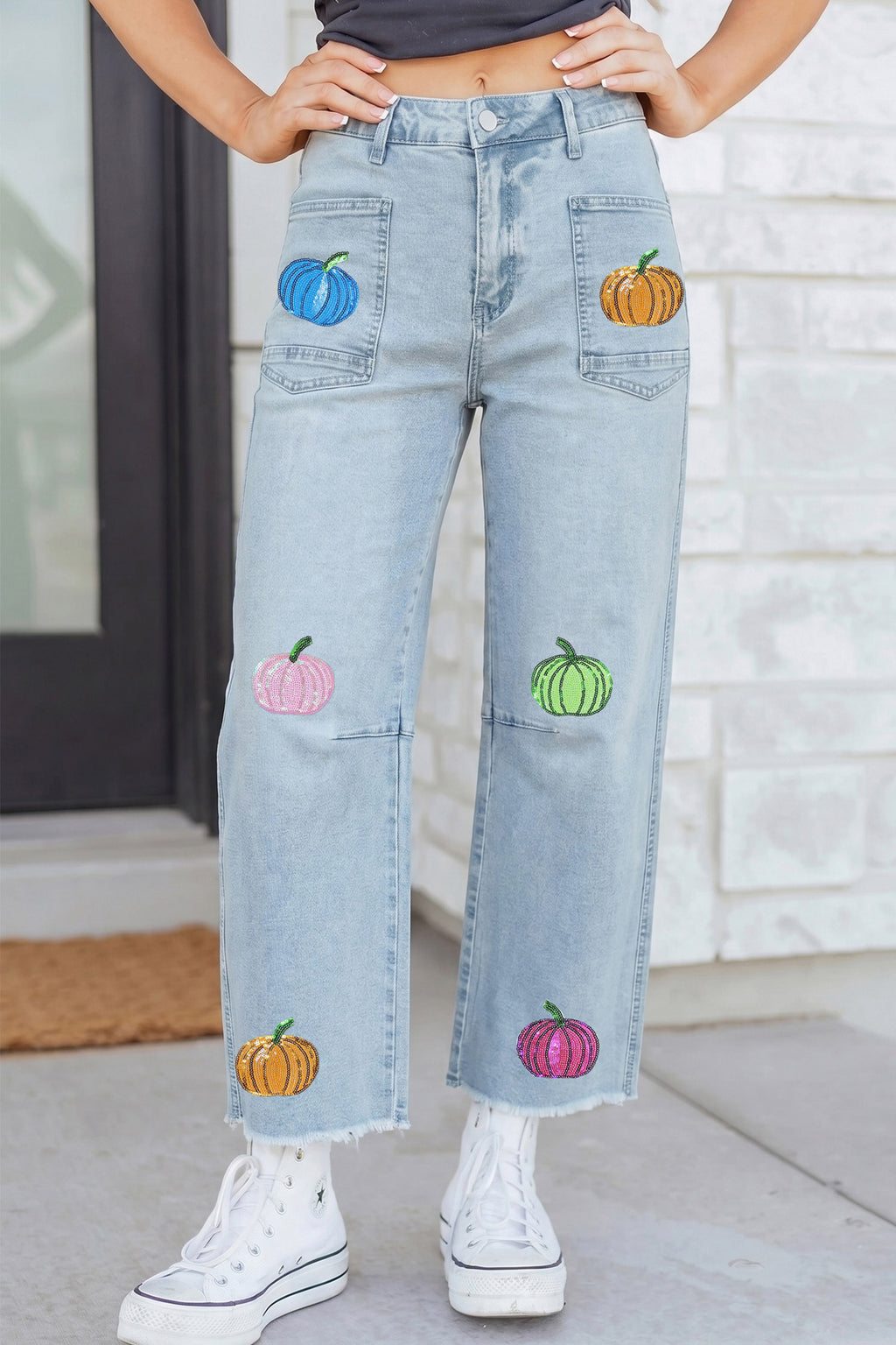Beau Blue Sequin Pumpkin Patched Graphic Casual Shift Jeans
