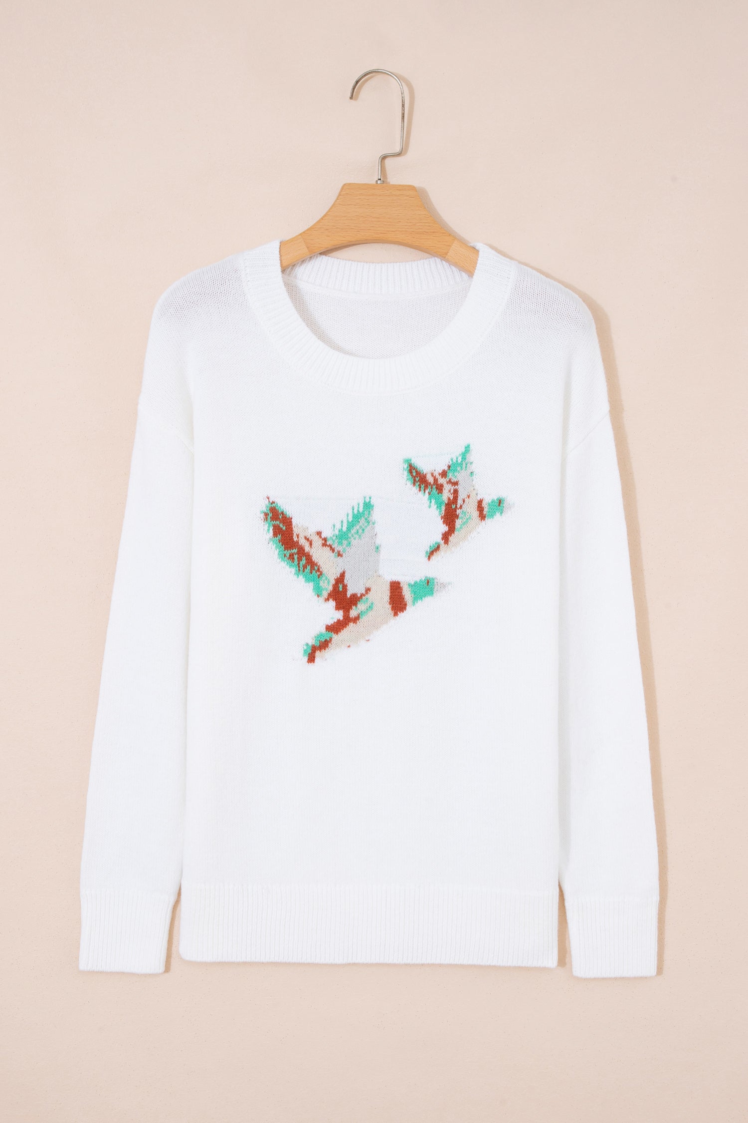 White Drop Shoulder Round Neck Long Sleeve Pullover Sweater
