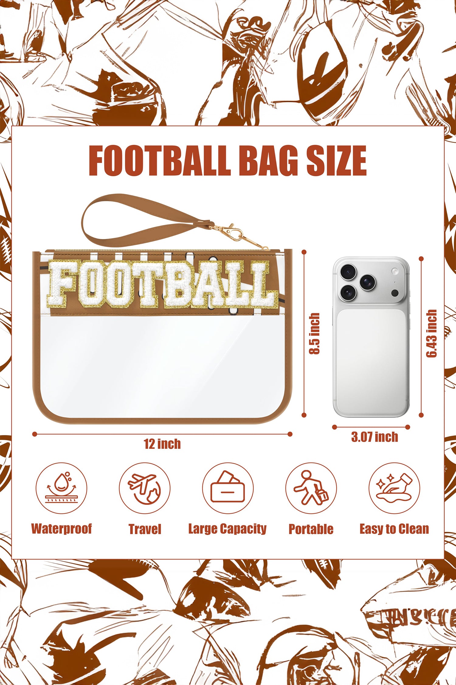 Brown BASEBALL  Chenille Letter Patch Game Day Stadium Clear PVC Cosmetic Bag