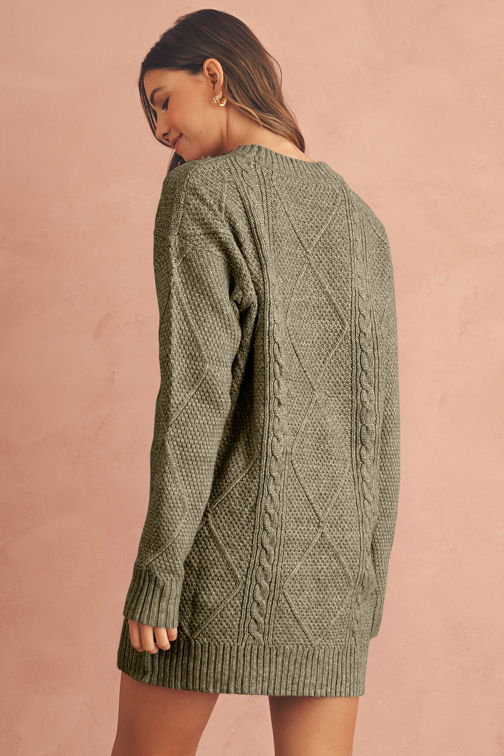 Oatmeal Cable Knit Drop Shoulder Loose Fit Sweater Dress