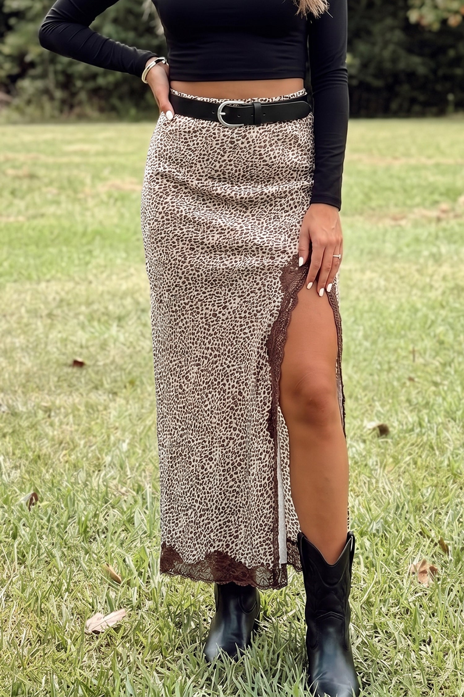 Multicolour Cheetah Print Trim Split Long Western Skirt