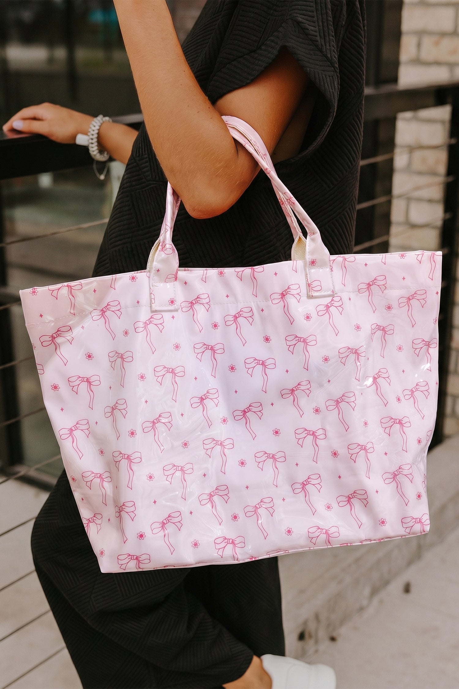 Pink Sweet Bow Flower Printed Sleek Vilnyl Tote Bag