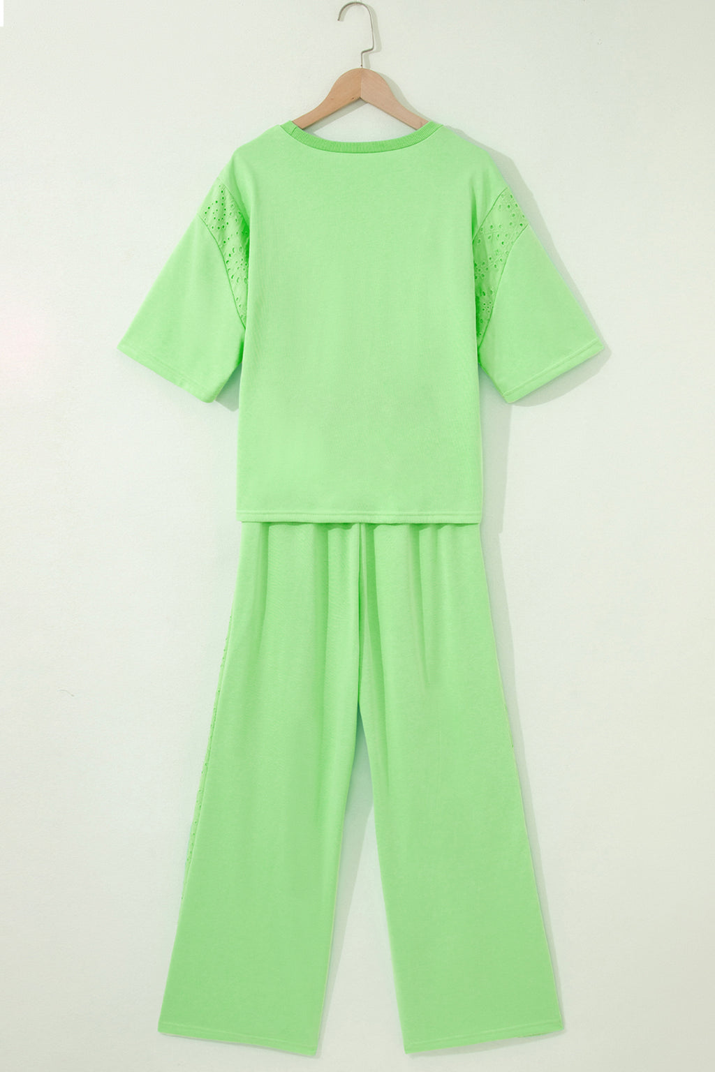 Light Green Lace Patchwork Half Sleeve Top Elastic Waist Pants Two Piece Set