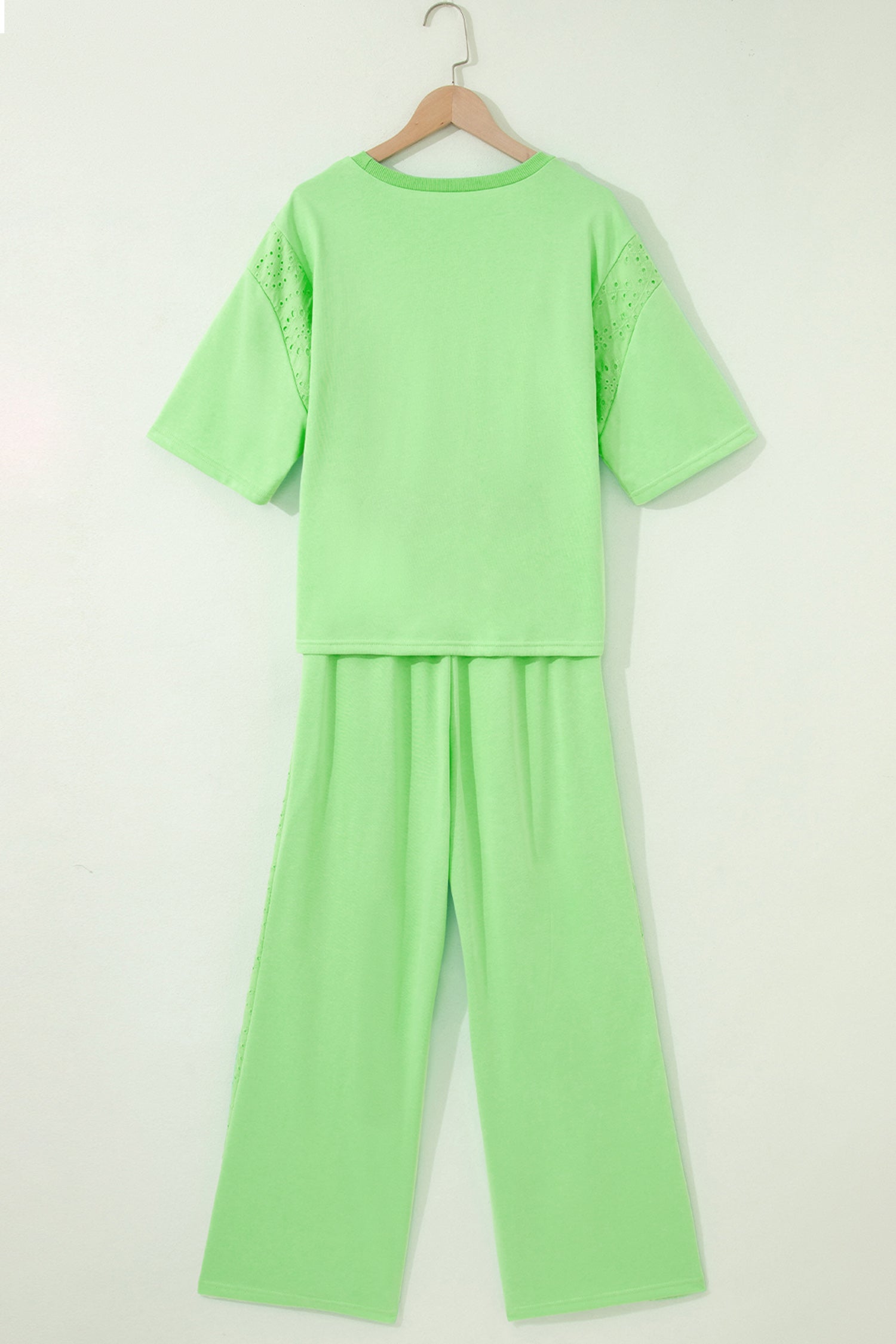 Light Green Lace Patchwork Half Sleeve Top Elastic Waist Pants Two Piece Set