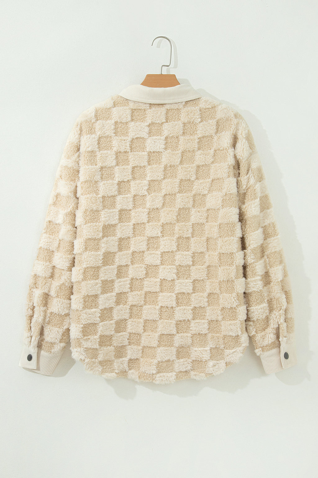 Khaki Plush Checkered Corduroy Trim Metal Button Long Sleeve Shift Silhouette Shacket