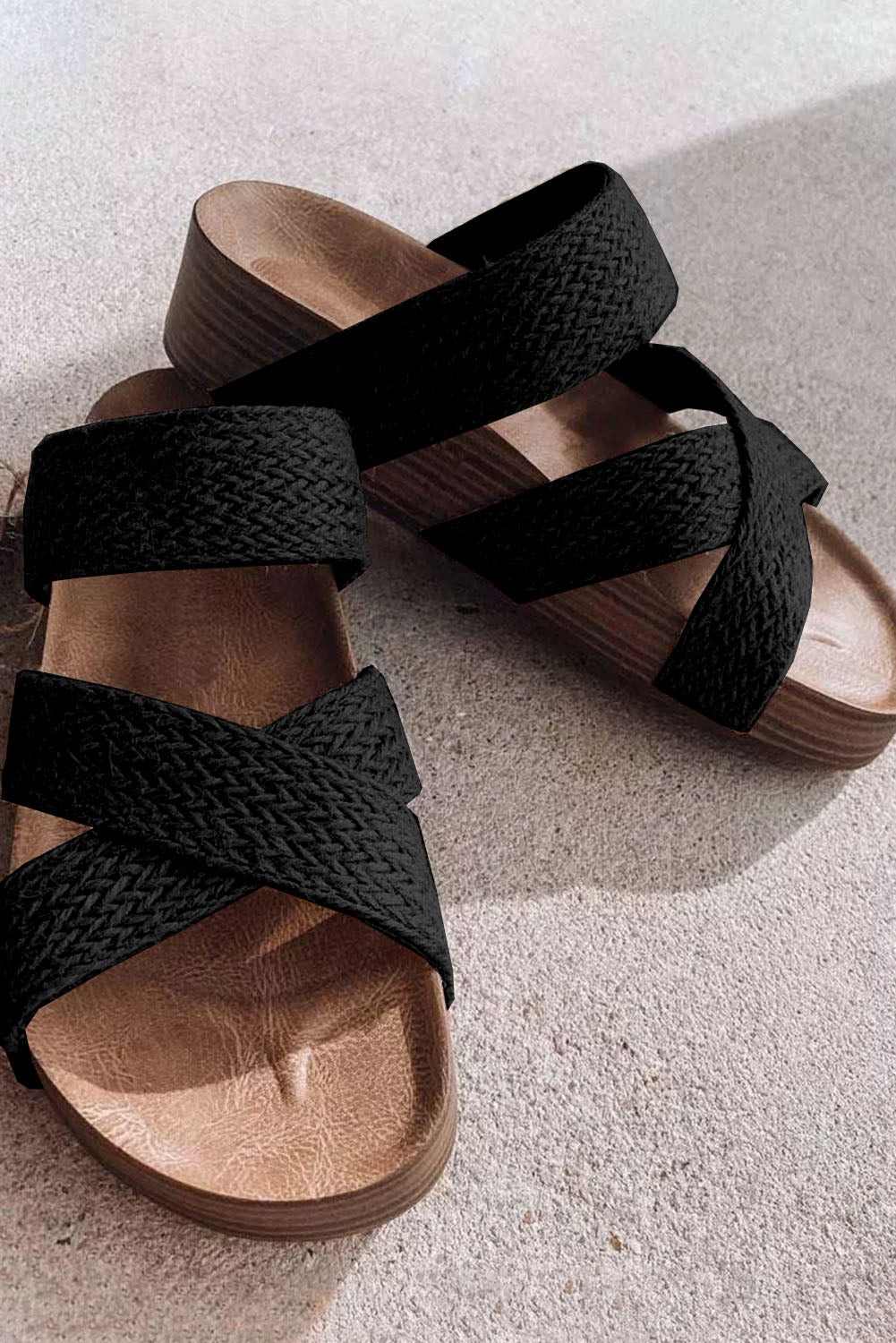 Beige Woven Criss Cross Strap Platform Slides Shoes