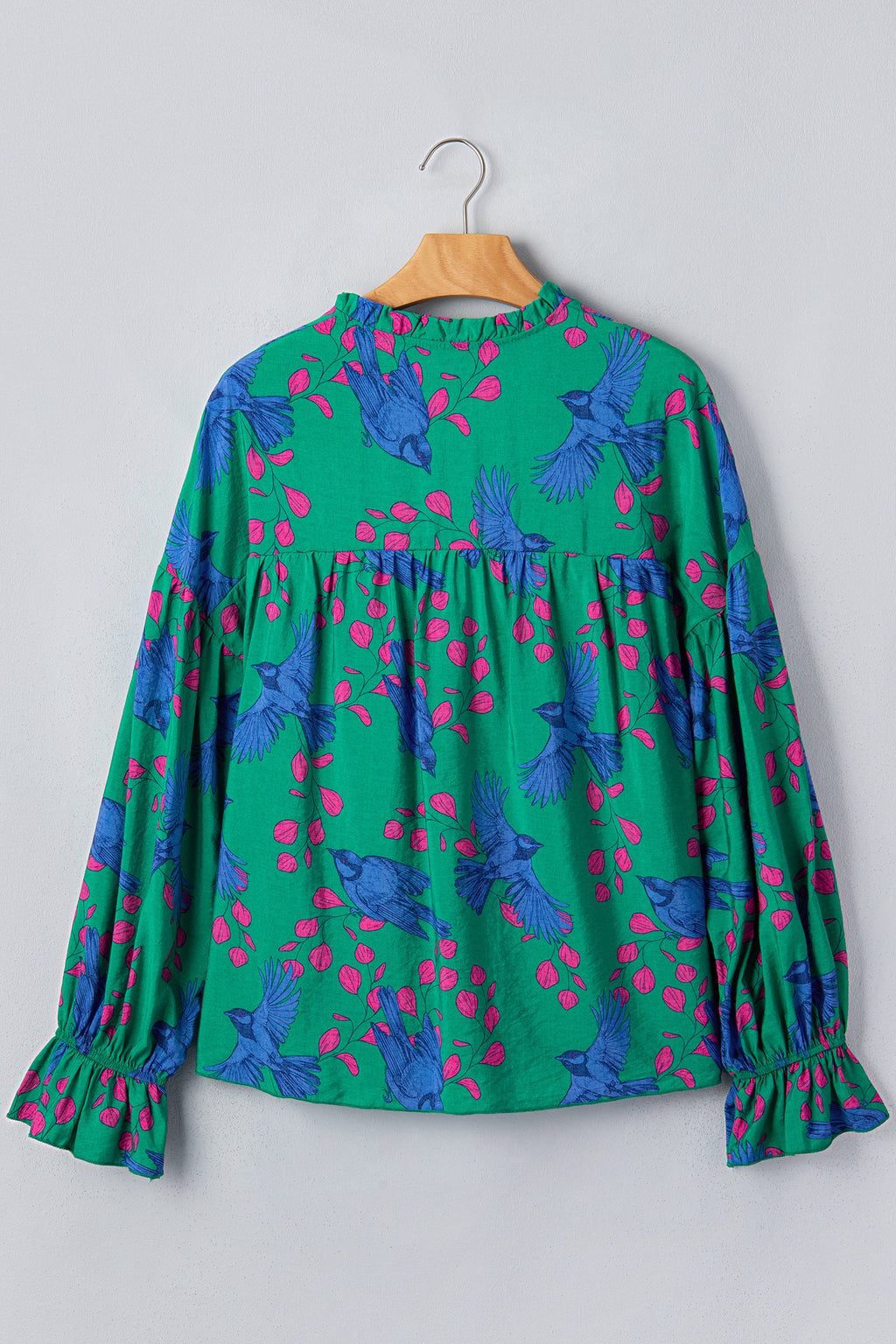 Green Abstract Print V Neck Flounced Puff Sleeve Blouse