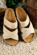 Beige Woven Criss Cross Strap Platform Slides Shoes