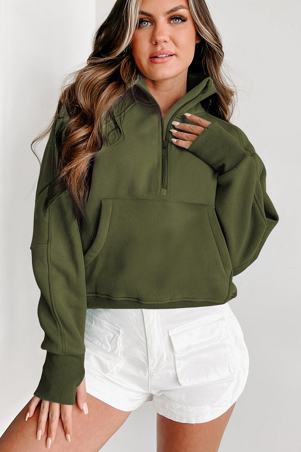 Phalaenopsis Zip Up Stand Collar Ribbed Thumbhole Sleeve Sweatshirt