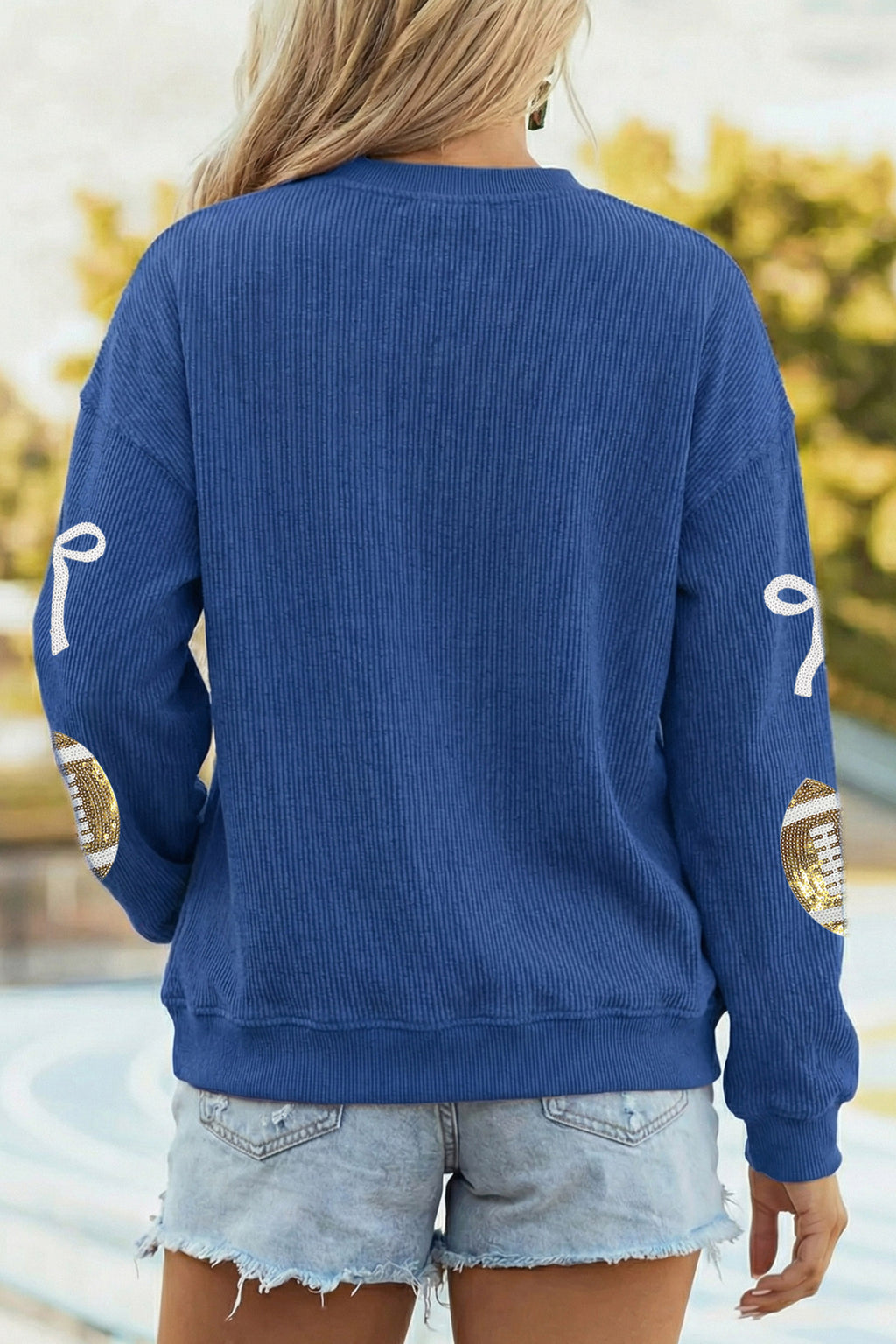 Dark Blue Corded Rib Sequin Rugby Bow Graphic Dropped Shoulder Sweatshirt