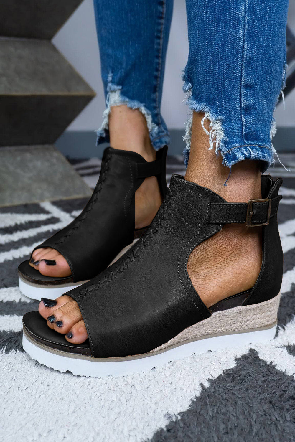 PU Cutout Buckle Strap Platform Slides Shoes