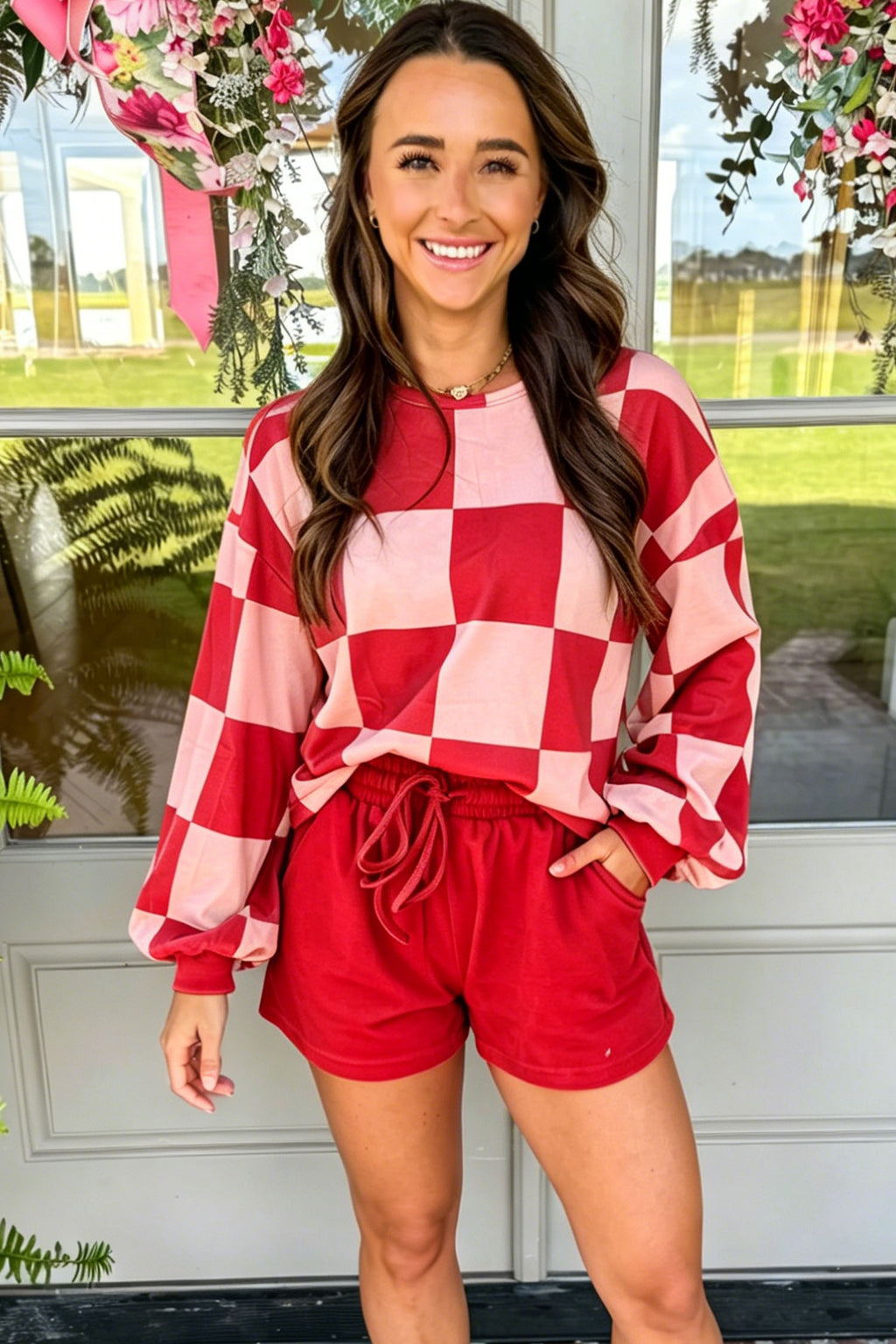 Red Checkerboard Plaid Long Sleeve Solid Color Shorts 2pcs Set