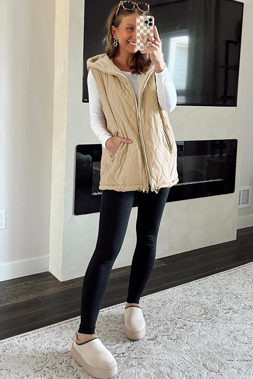 Pale Khaki Quilted Padded Casual Winter Jacket Vest with Fleece Lining