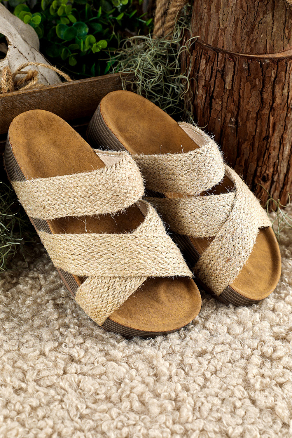 Beige Woven Criss Cross Strap Platform Slides Shoes