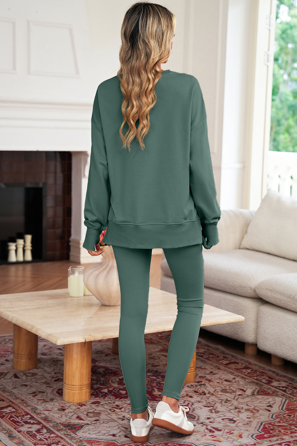 Orchid Mist Solid Color Oversized Slit Sweatshirt Ribbed Leggings Set