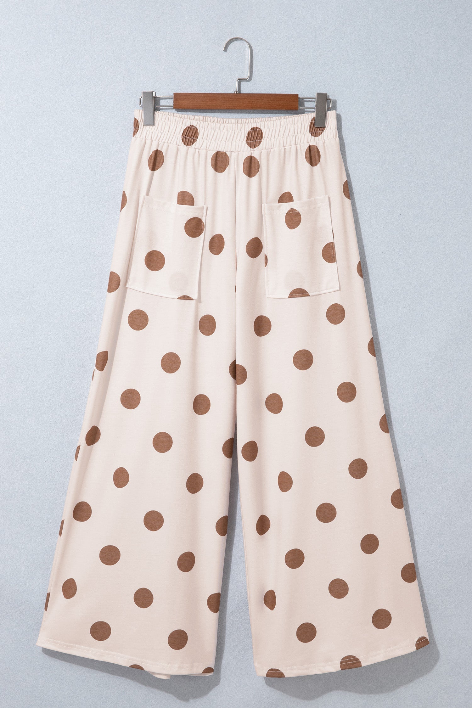 Beige Polka Dot Wide Leg Elastic Waist Casual Pants
