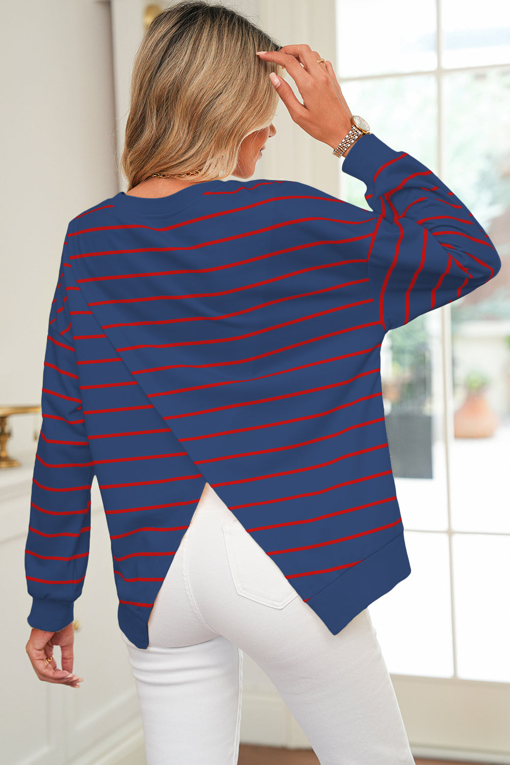 Yellow Striped Overlap Detail Drop Shoulder Pullover Sweatshirt