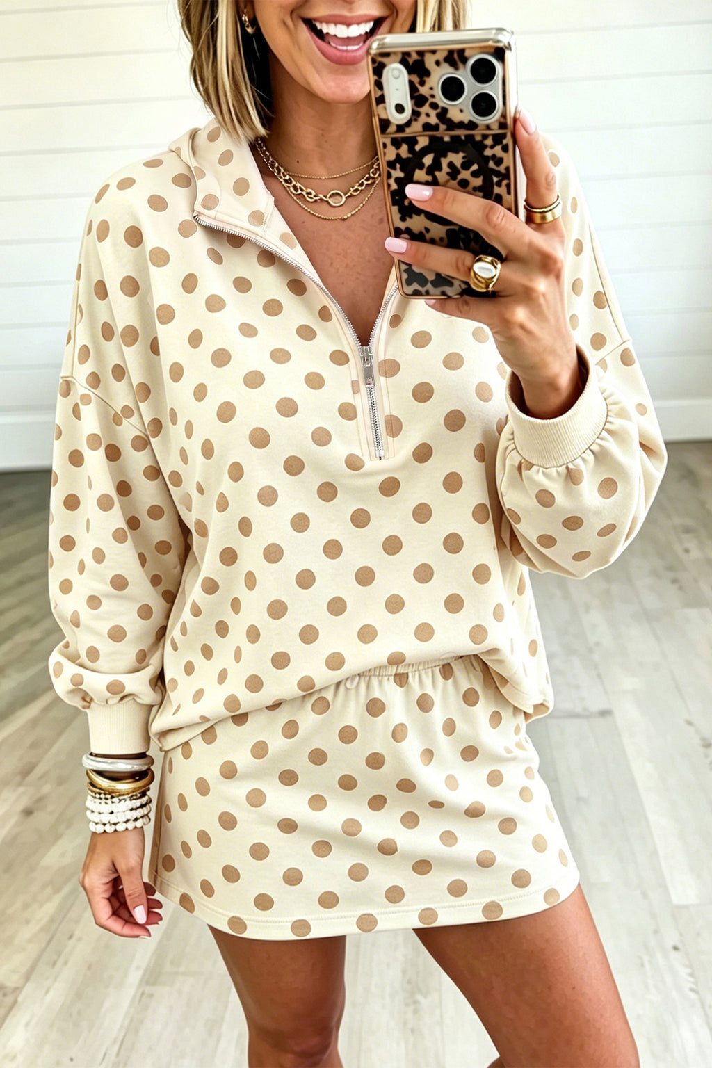 Khaki Polka Dot Hooded Long Sleeve Top Casual Mini Skort Set