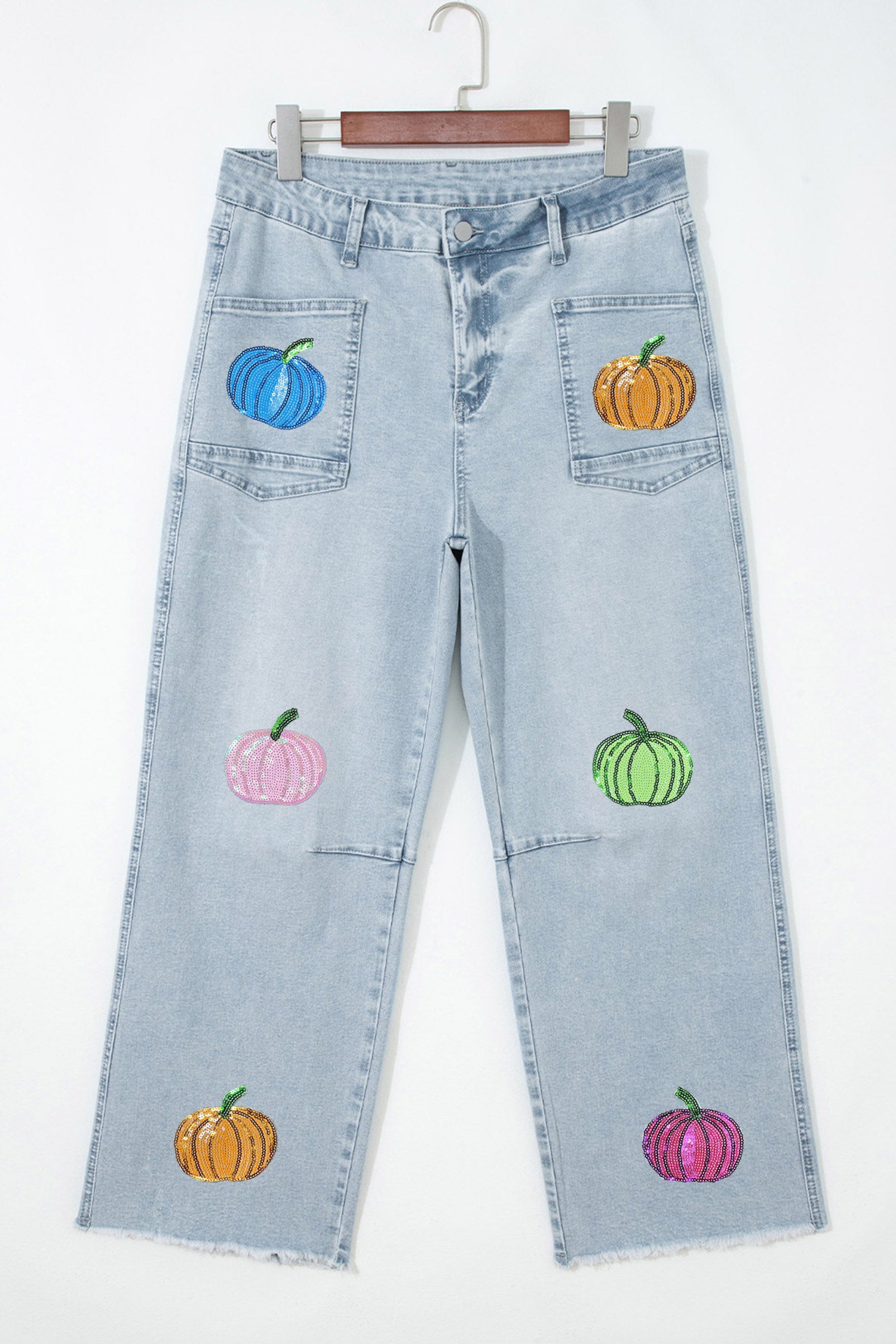Beau Blue Sequin Pumpkin Patched Graphic Casual Shift Jeans