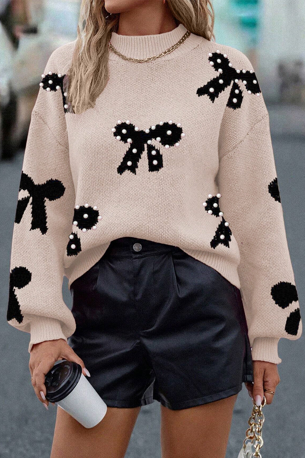 Blackish Green Pearl Embellished Bow Pattern Loose Sweater