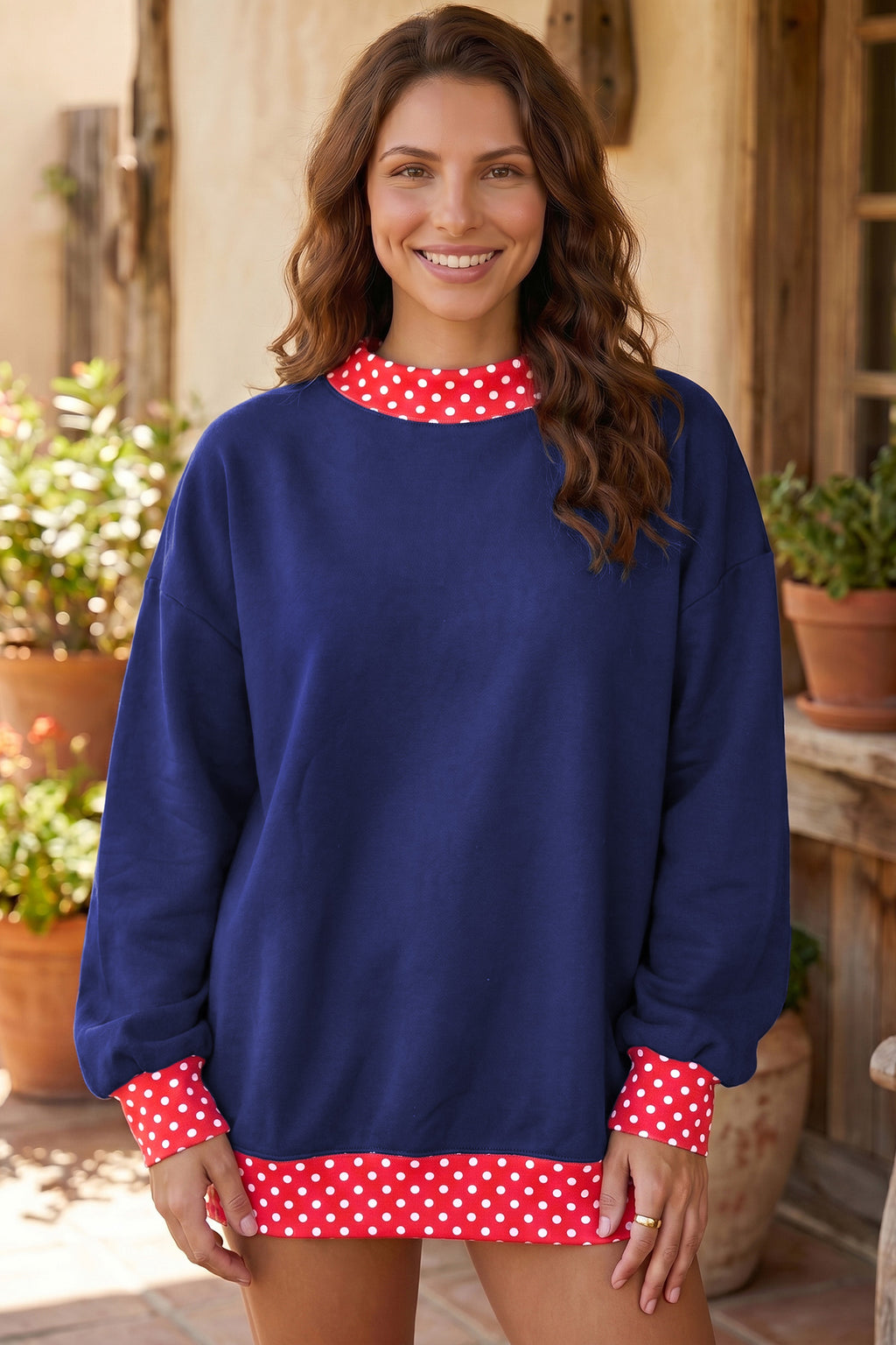 Red Colorblock Polka Dot Contrast Trim Oversized Sweatshirt