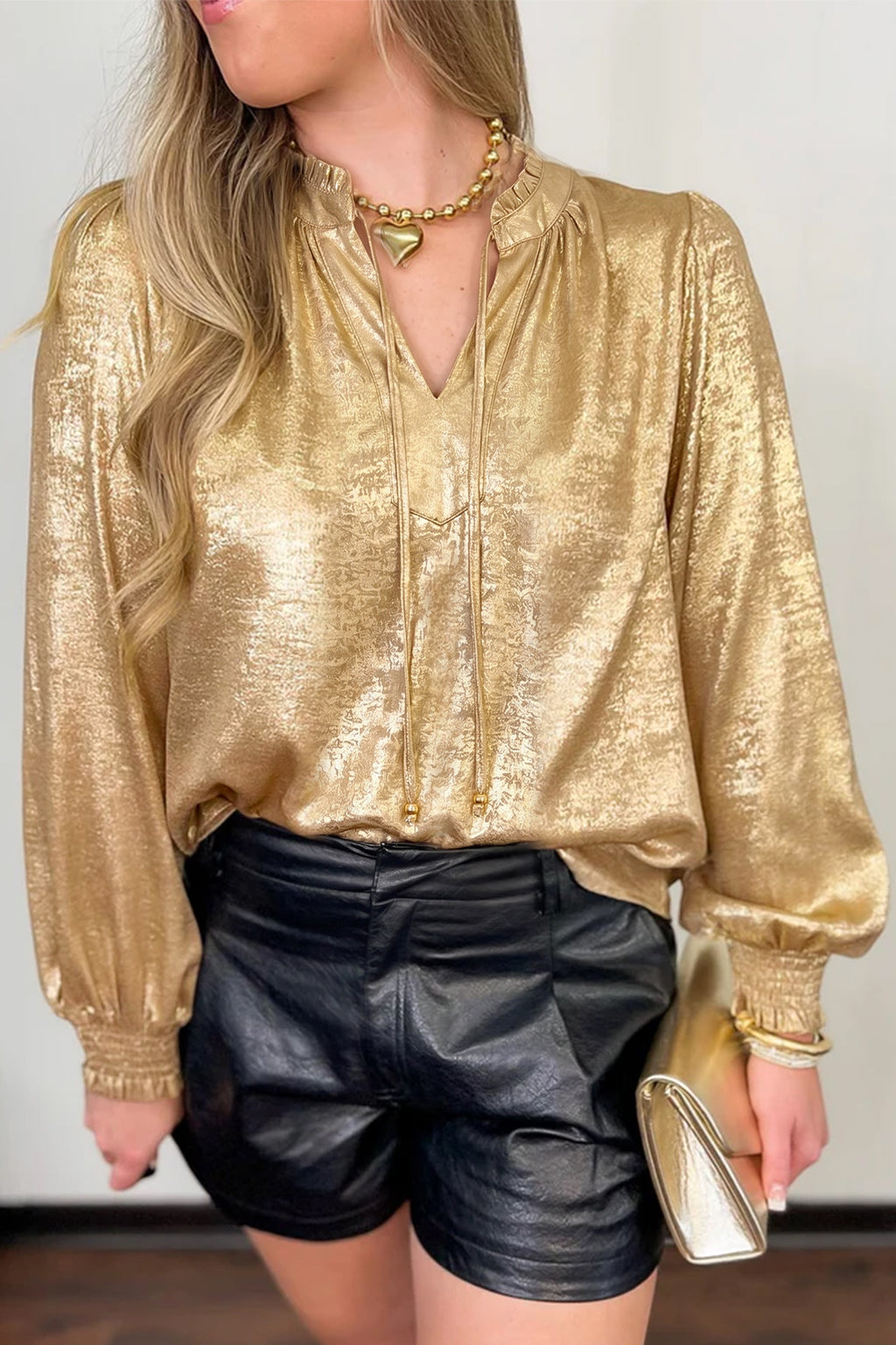 Gold Metallic Sheen V Neck Gathered Cuff Long Sleeve Blouse