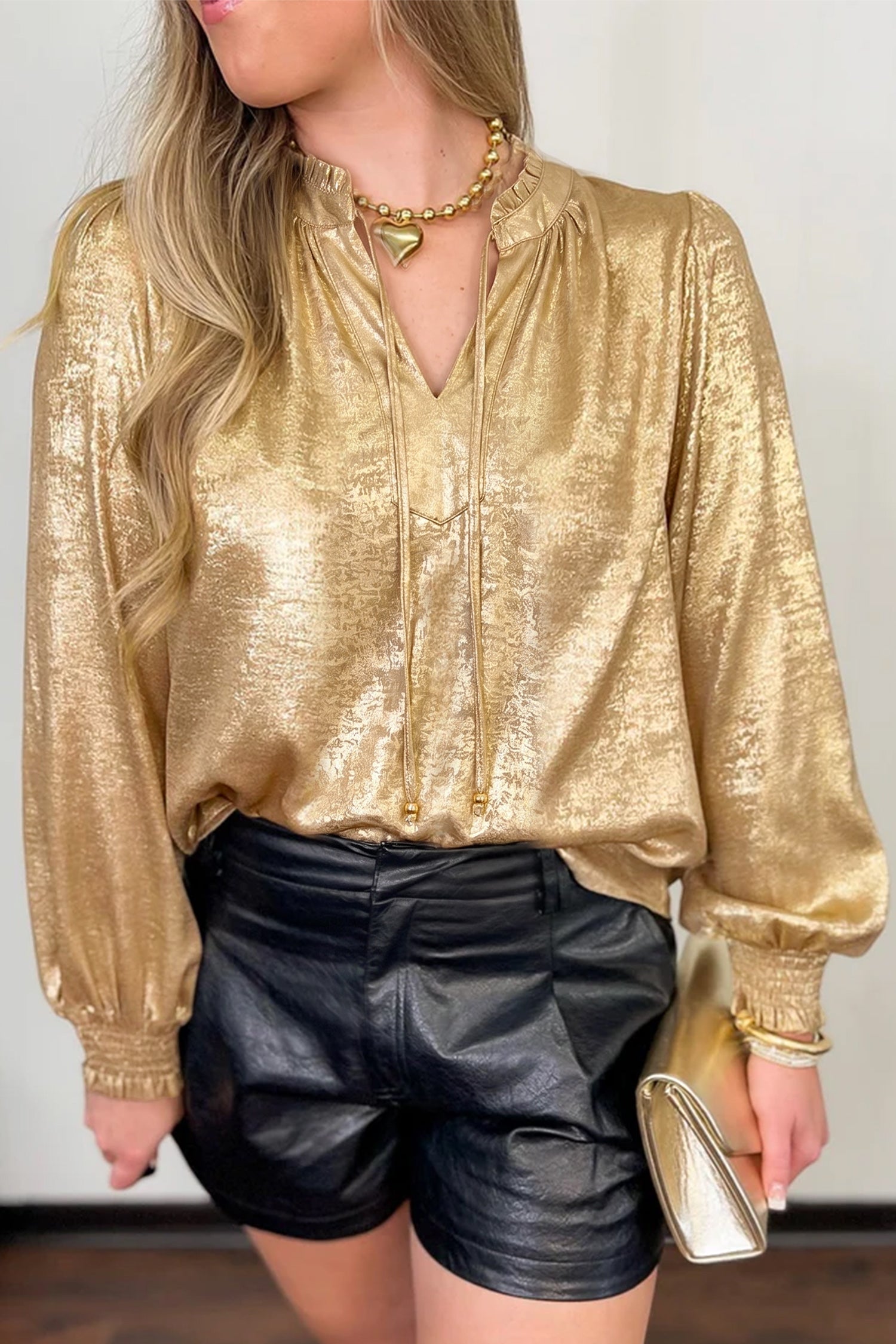 Gold Metallic Sheen V Neck Gathered Cuff Long Sleeve Blouse