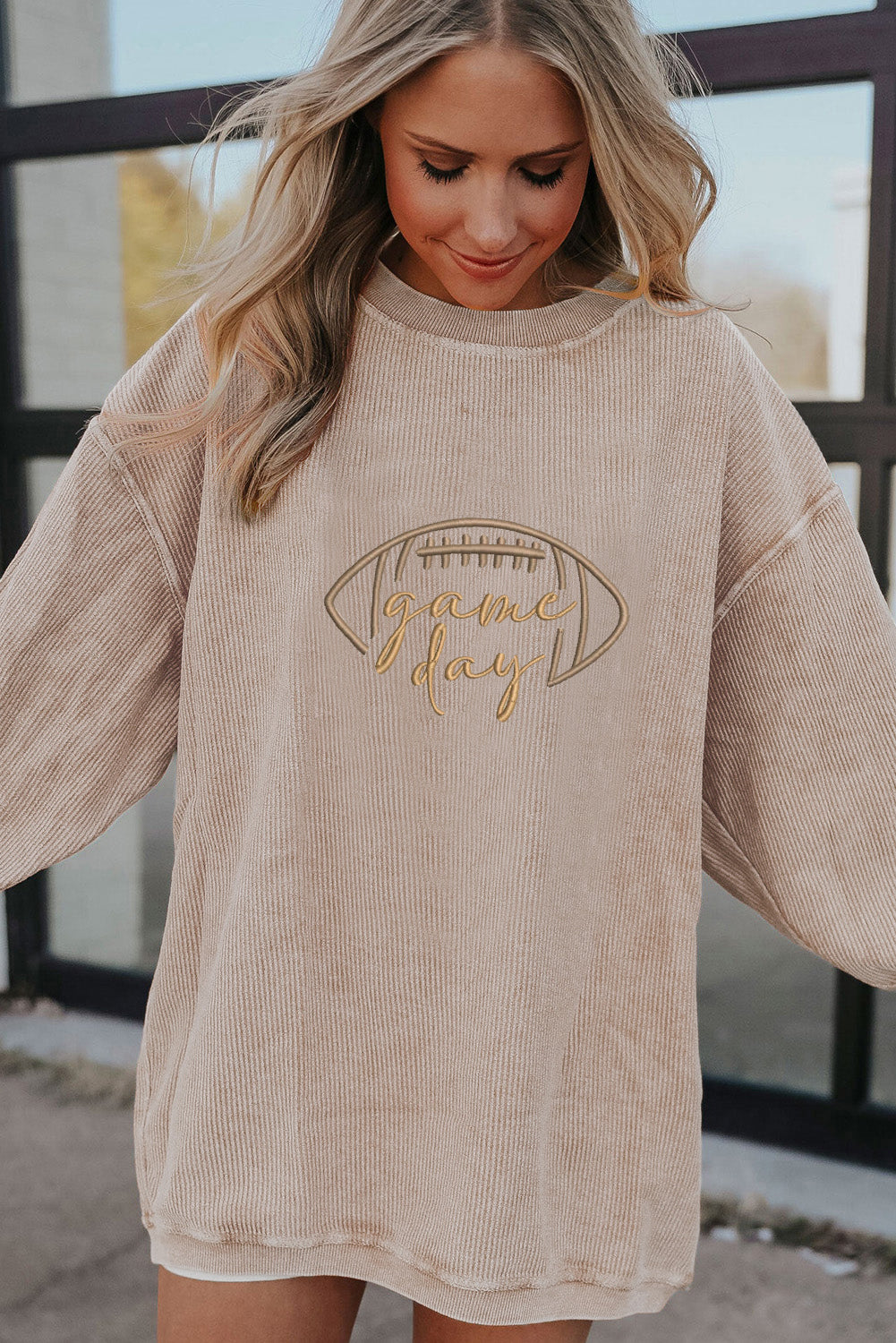 Dark Blue Rugby Game Day Embroidered Corduroy Sweatshirt
