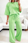 Light Green Lace Patchwork Half Sleeve Top Elastic Waist Pants Two Piece Set