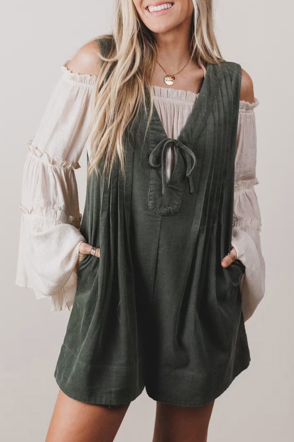 Cinnamon Solid Color Tie V Neck Sleeveless Corduroy Romper