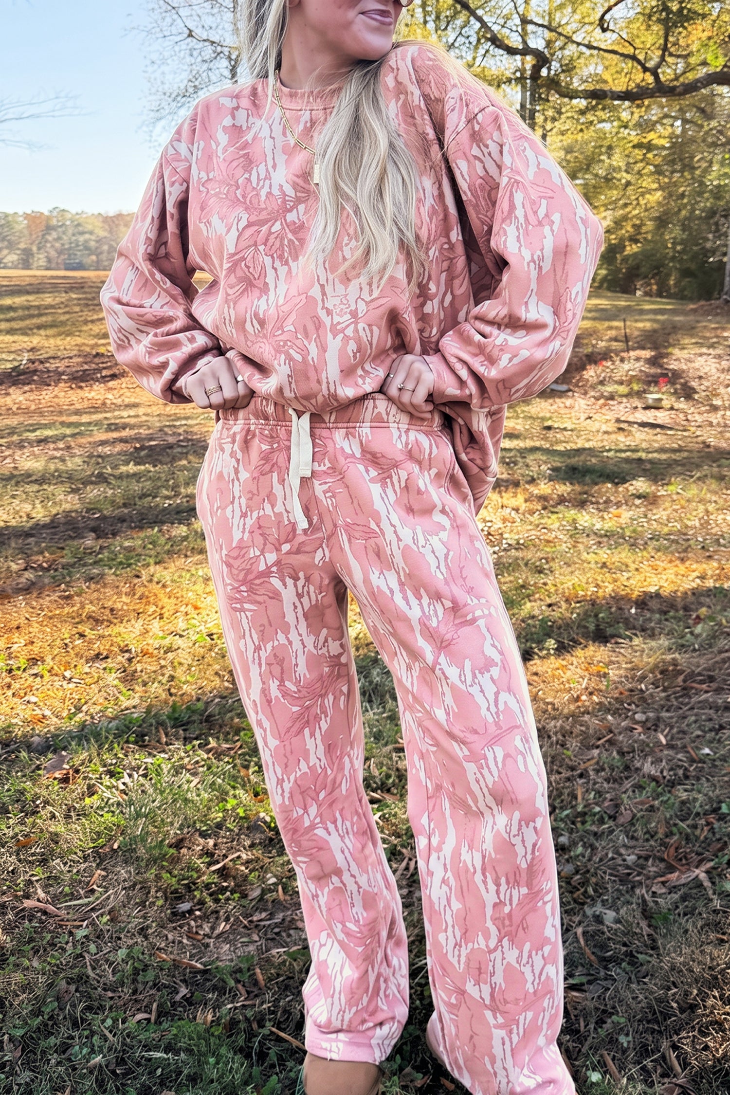 Multicolour Abstract Floral Print Loose Pullover Drawstring Pants 2pcs Set