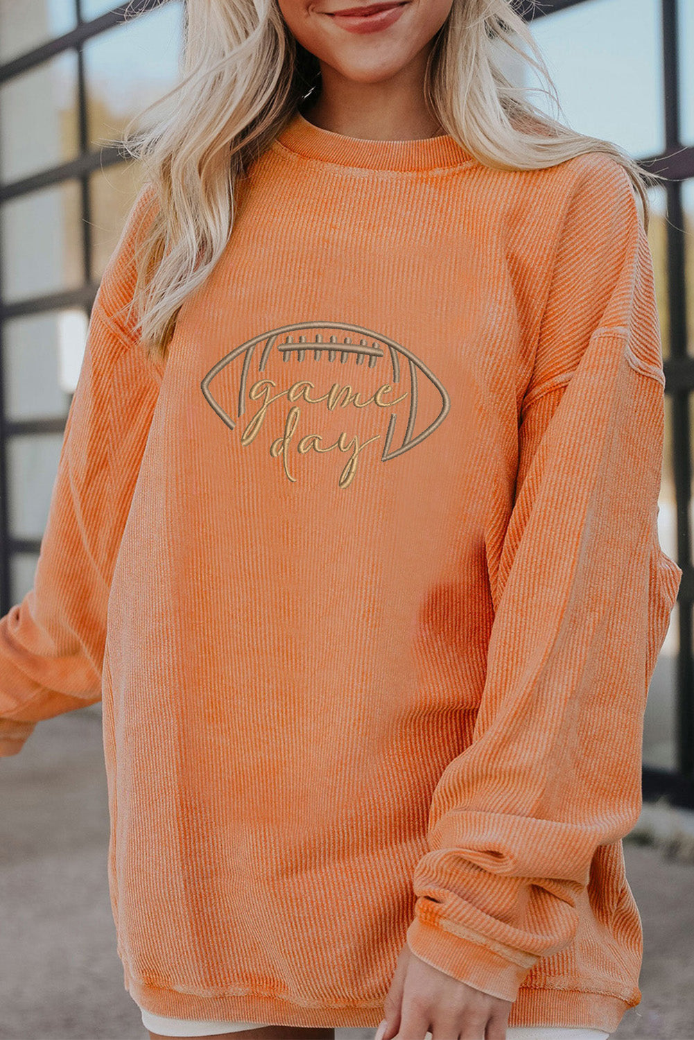 Dark Blue Rugby Game Day Embroidered Corduroy Sweatshirt
