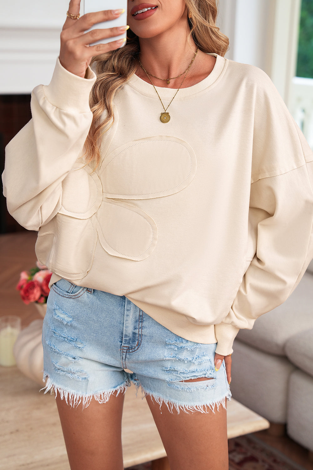 Smoke Green Raw Edge Flower Patch Drop Shoulder Long Sleeve Top