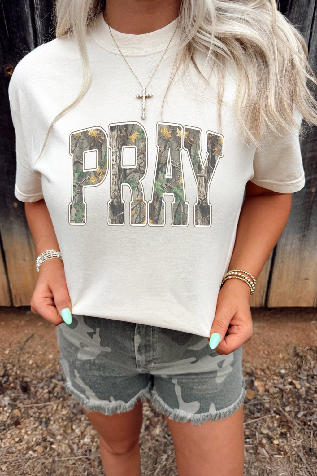 White PRAY Camo Letter Print Casual Round Neck T Shirt