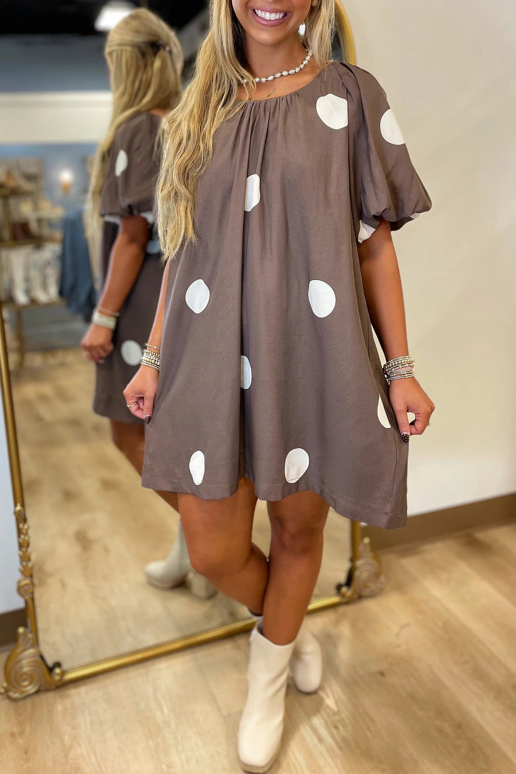 Brown Polka Dot Print Knot Back Short Puff Sleeve Loose Mini Dress