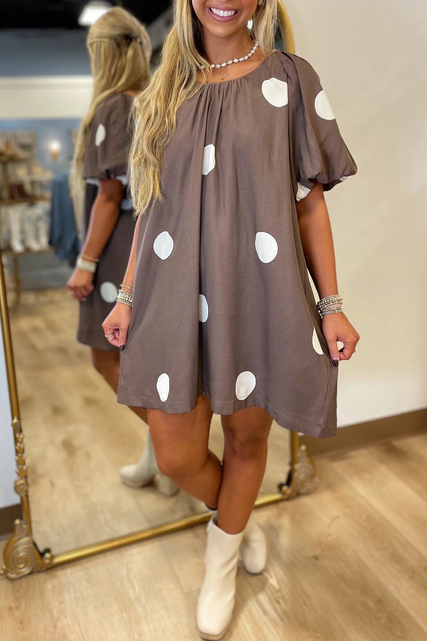Brown Polka Dot Print Knot Back Short Puff Sleeve Loose Mini Dress