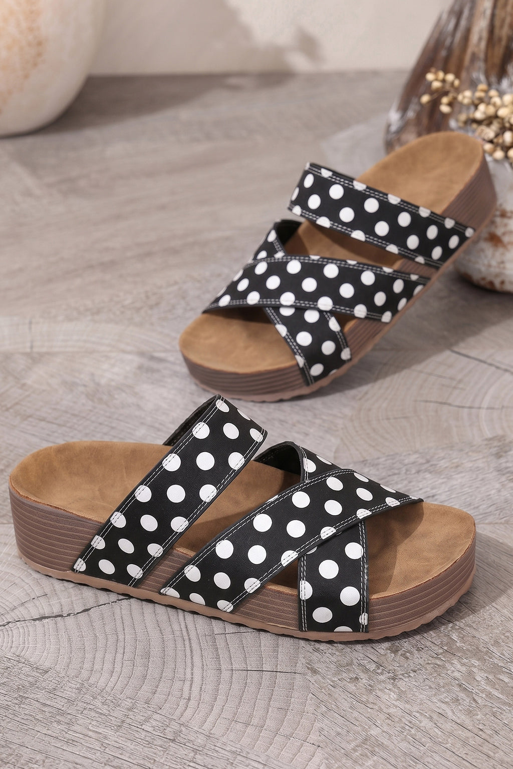 White Polka Dot Crossed Band Soft Suede Platform Slippers
