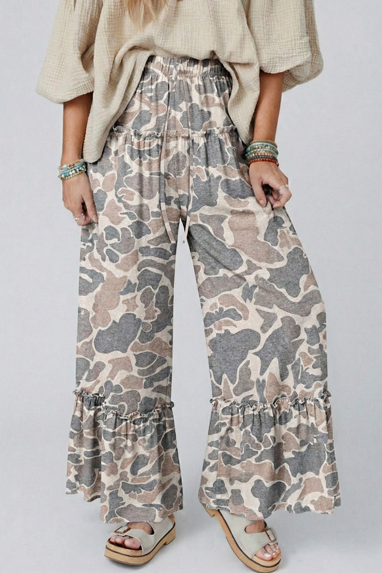 Beige Camo Print Wide Leg Casual Pants