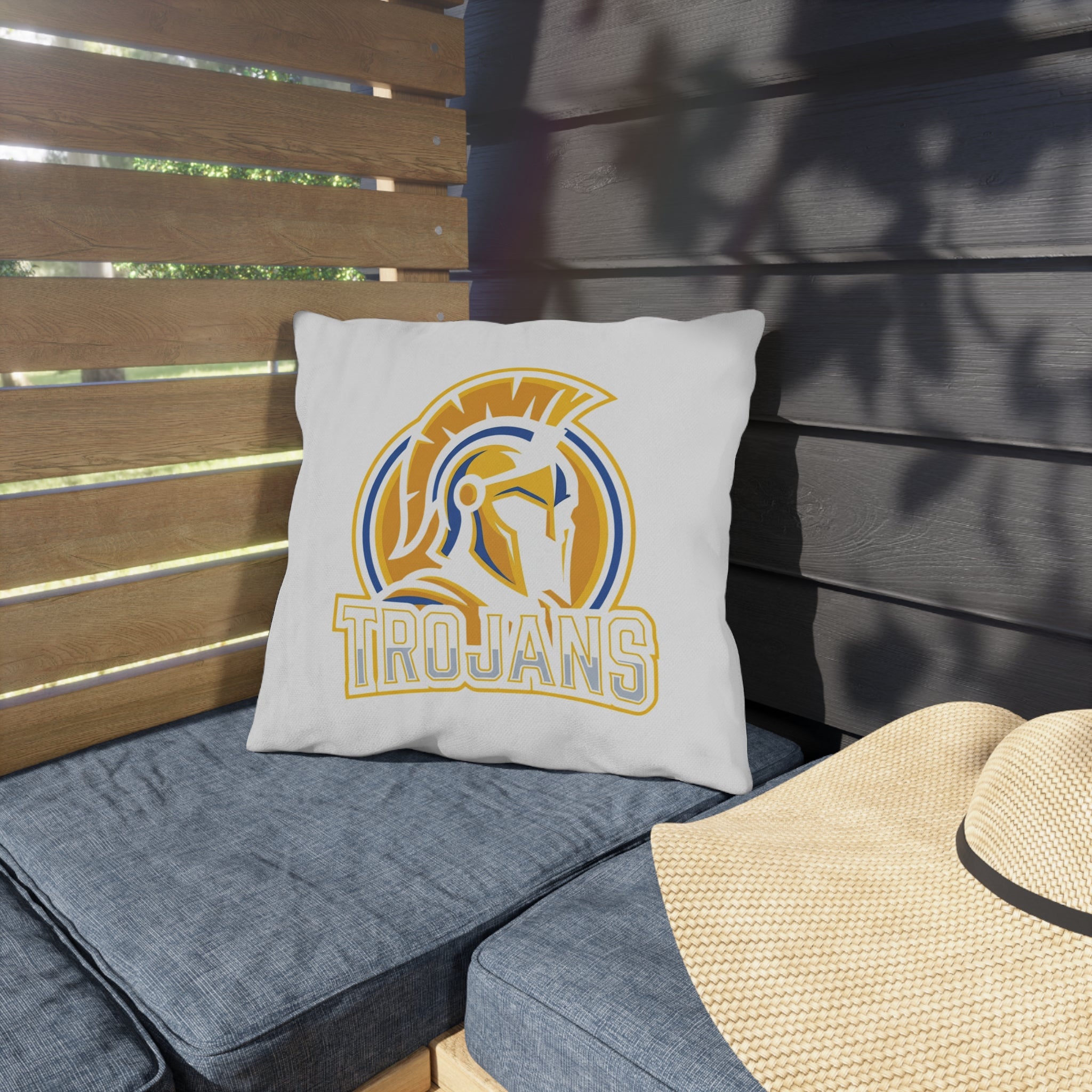 Trojans Outdoor Pillow - Gold & Blue Spartan Helmet Patio Cushion
