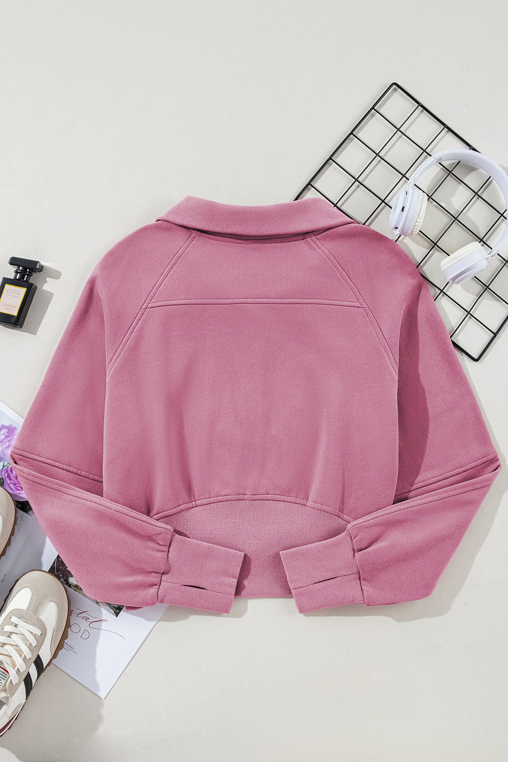 Phalaenopsis Zip Up Stand Collar Ribbed Thumbhole Sleeve Sweatshirt