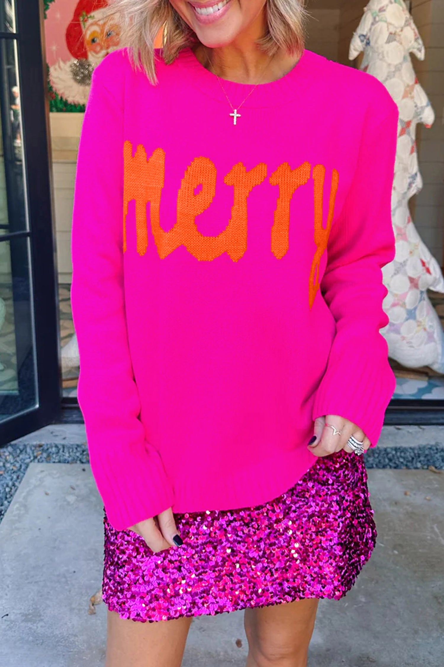 Bright Green Merry Print Ribbed Trim Round Neck Loose Fit Sweater