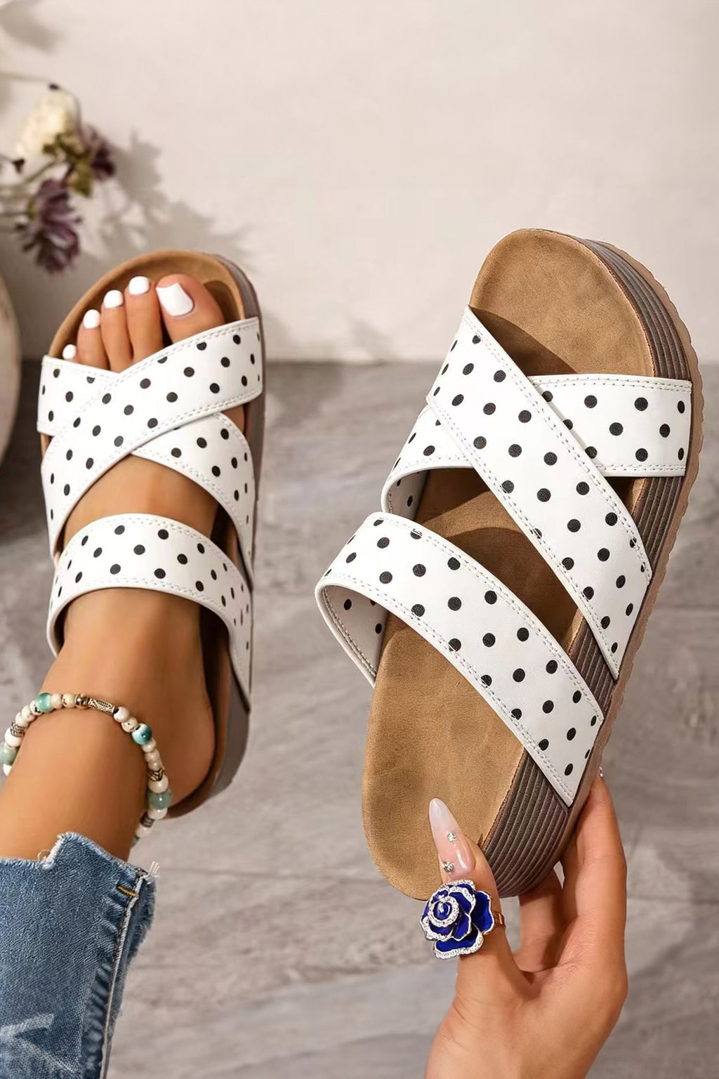 White Polka Dot Crossed Band Soft Suede Platform Slippers