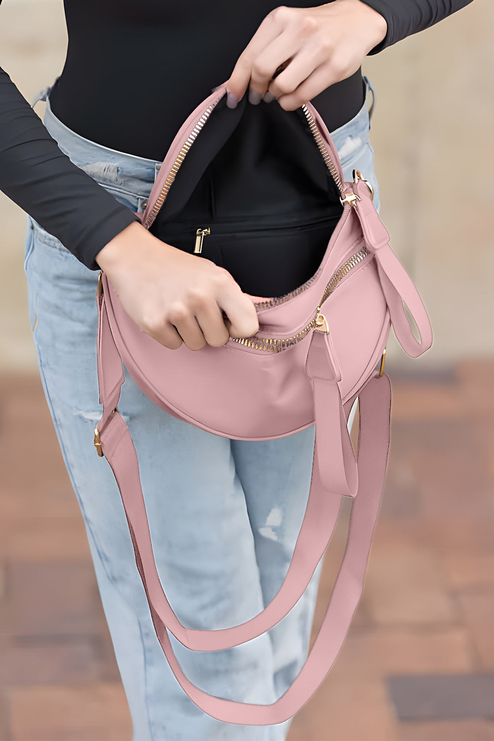 Parchment Wide Strap Zipper Crossbody Bag