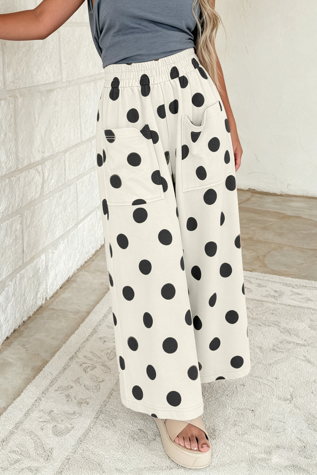Khaki Polka Dot Wide Leg Elastic Waist Casual Pants