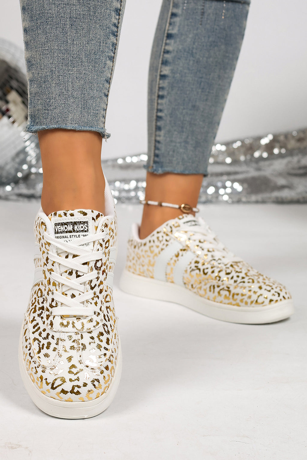 White Leopard Print PU Leather Detail Lace Up Casual Shoes
