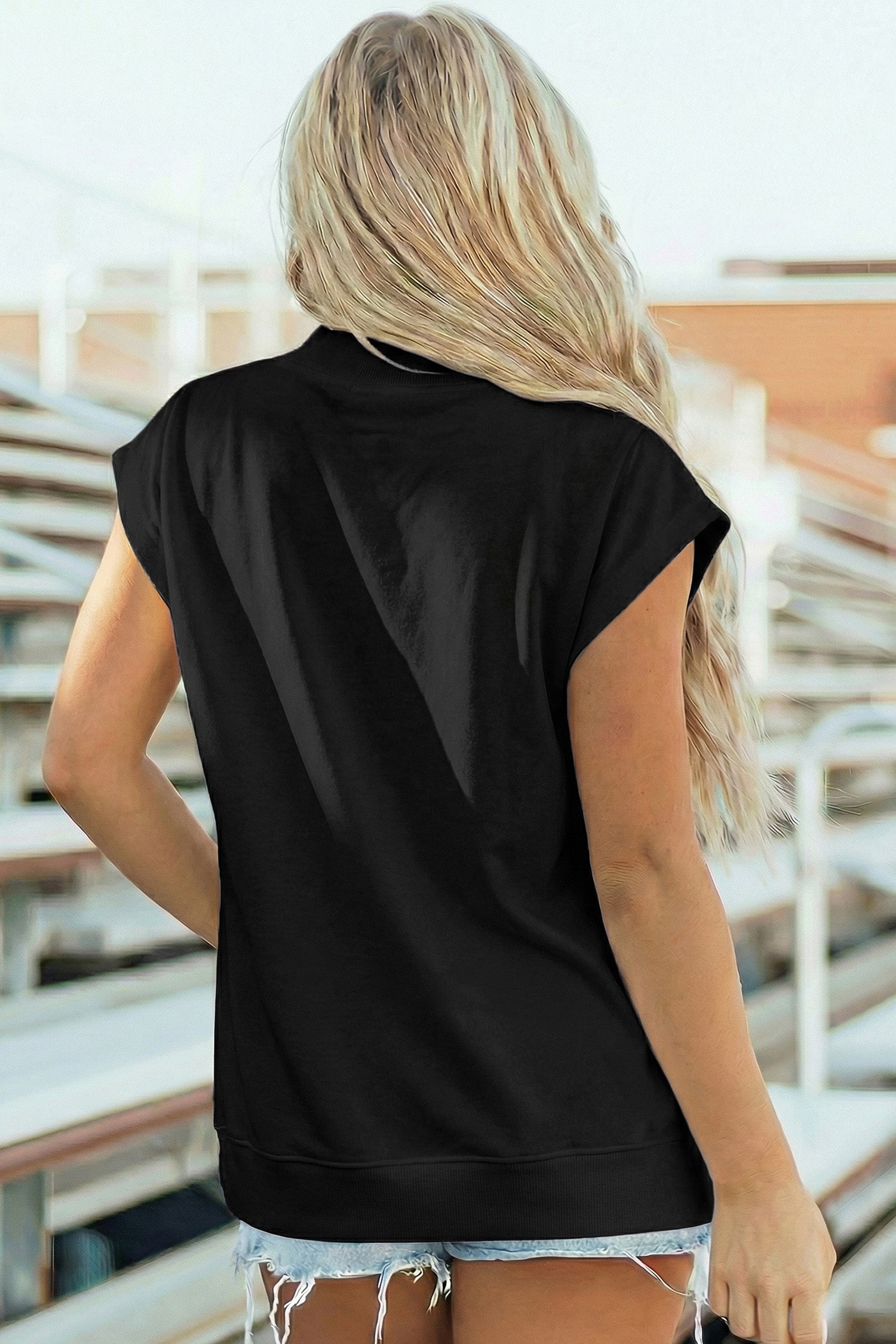 Yellow Solid Color High Neck Cap Sleeve Loose Top