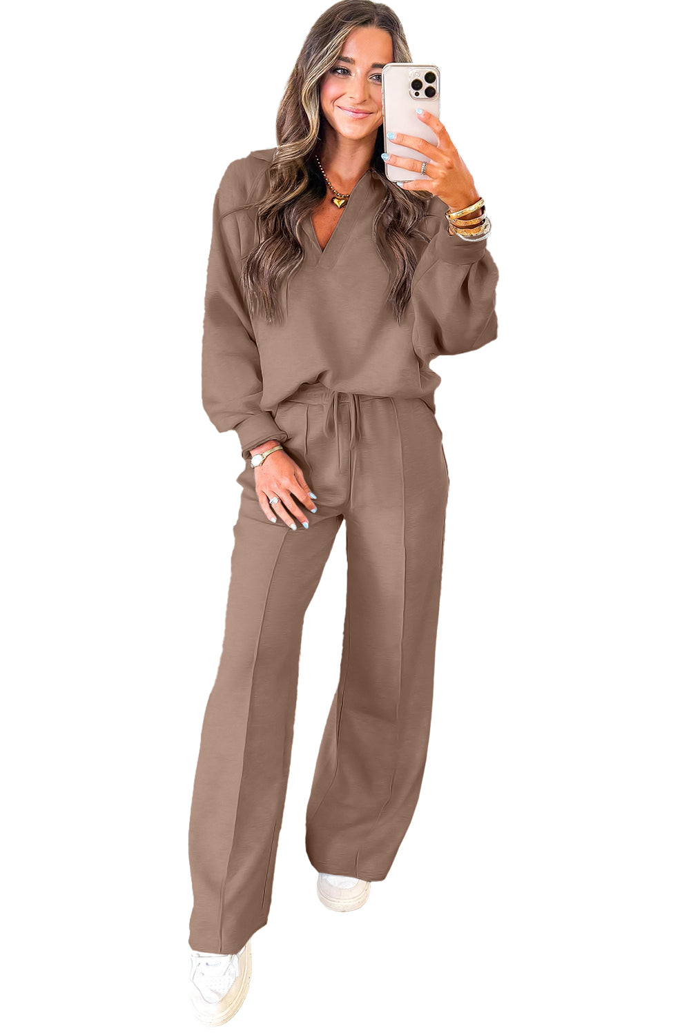 Light Grey Polo Collar V Neck Pullover and Drawstring Sweatpants Set