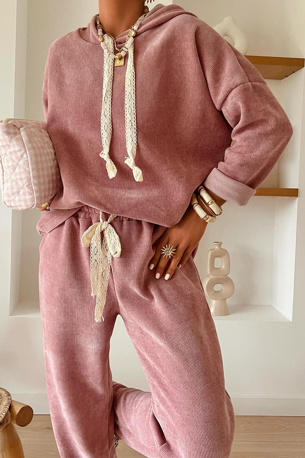 Dark Khaki Drawstring Pullover Hoodie and High Waist Pants Corduroy Suit